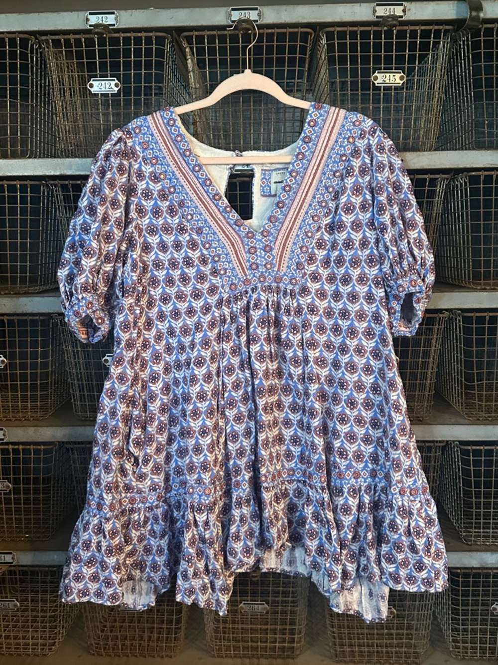 Maeve by Anthropologie Blue Puff-Sleeve V-Neck Mini Dress Large 38487 - Picture 5 of 13